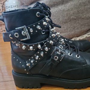 ZARA Real Leather Combat Boots SZ 39 Studs Crystals Rhinestones Straps Buckles